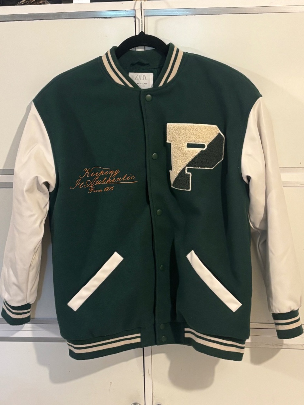 Zara Youth Varsity Bomber Jacket Green/Cream Snap Front Sz